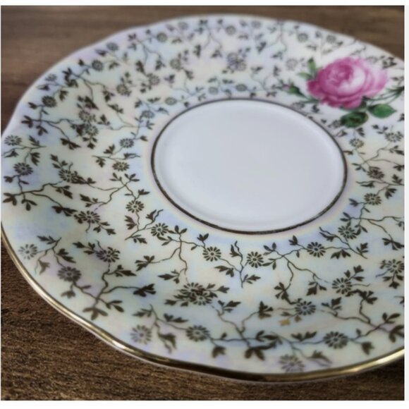 D - Dresden Porcelain Saucers Plates Iridescent w/Rose‎ and Gold Trim Set of 2 - Picture 5 of 9